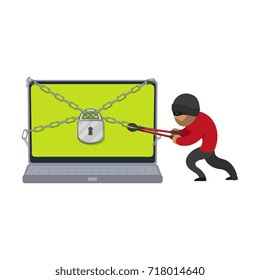 vector flat cartoon hacher data attack concept. Bandit hacking laptop protected by lock and chain, . Isolated illustration on a white background.