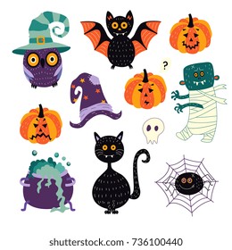 vector flat cartoon halloween autumn holiday symbols set. Black cat, bat pumpkins, zombie, withc bowl and hat, spider in net, owl in hat and skull. Isolated illustration on a white background.