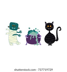 vector flat cartoon halloween autumn holiday symbols set. Black funny cat, zombie and witch cauldron, pot or bowl with magic brew. Isolated illustration on a white background.