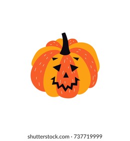 vector flat cartoon halloween autumn holiday symbol spooky pumpkin with happy emotion or Jack O'Lanterns . Isolated illustration on a white background.