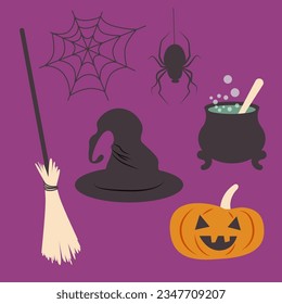 Vector flat cartoon Halloween holiday, elements set. Witch hat, broom, cauldron, Jack latern or pumpkin, web and spider.