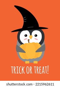 Vector flat cartoon Halloween penguin with witch hat and pumpkin and trick or treat lettering isolated on white background