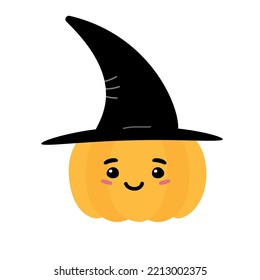 Vector flat cartoon Halloween pumpkin with face and witch hat isolated on white background