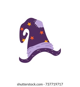 vector flat cartoon halloween traditional autumn holiday symbol spooky stylized funny magic witch pointed hat. Isolated illustration on a white background.