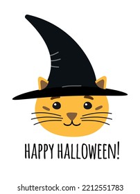 Vector flat cartoon Halloween witch cat with pumpkin and lettering isolated on purple background