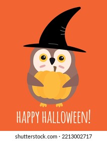 Caricatura vectorial plana búho de bruja de Halloween con calabaza y letras aisladas en fondo naranja