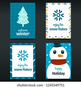 vector flat cartoon hand drawn winter simple greeting card template collection set