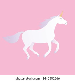 Vector flat cartoon hand drawn white gradient unicorn isolated on pastel pink background 