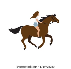 Vector flat cartoon hand drawn girl riding bay horse bareback isolated on white background