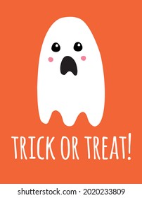 Fantasma dibujada a mano por vectores planos y truco o tratar la inscripción aislada en el fondo naranja. Cartel de la tarjeta de saludo de Halloween