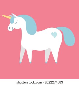 Vector flat cartoon hand drawn unicorn isolated on pink background