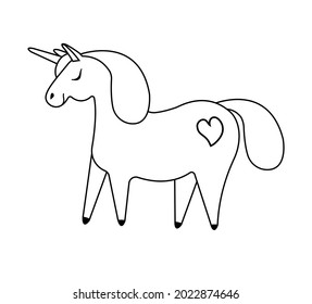 Vector flat cartoon hand drawn outline unicorn isolated on white background