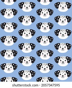 Vector flat cartoon hand drawn Dalmatian dog face head isolated on blue background