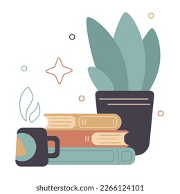 Vector flat cartoon hand drawn illustration stack of books, tea and house plant