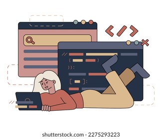Vector flat cartoon hand drawn illustration woman programmer writes code for a project