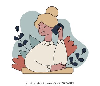 Vector flat cartoon hand drawn illustration young girl talking on the phone