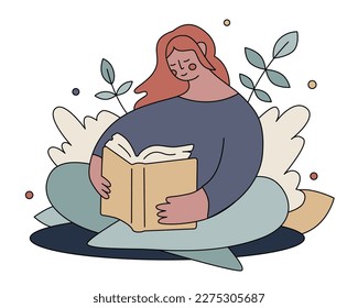 Vector flat cartoon hand drawn illustration young girl reading a book