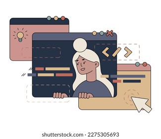 Vector flat cartoon hand drawn illustration programmer writes code for a project