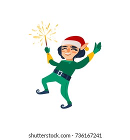 vector flat cartoon hand drawn christmas elf boy dancing or jumping smiling raising hands up with sparkler. Fairy holiday character in christmas santa hat. Isolated illustration on a white background