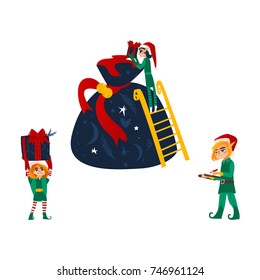 vector flat cartoon hand drawn christmas elf boy in santa hat folding golden bow present boxes in big bag, another elf holding clipboard, pen and present box. Isolated illustration