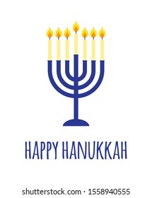 Vector flat cartoon Hanukkah candle with happy Hanukkah lettering isolated on white background. Greeting card illustration