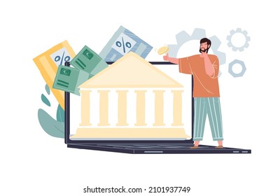 Caricatura plana vectorial personaje feliz cerca del edificio del banco en el monitor aplicación de créditos en línea de pantalla, cambio de divisas, banca en línea y transacciones de cuentas concepto financiero,banner de sitio web y diseño
