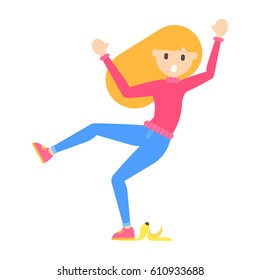 Vector flat cartoon happy young blonde girl slipped on a banana peel