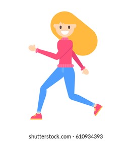 Vector flat cartoon happy young blonde girl run