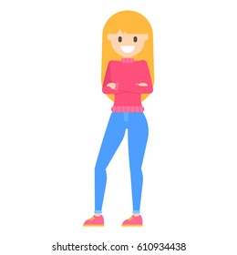 Vector flat cartoon happy young blonde girl is in serious pose