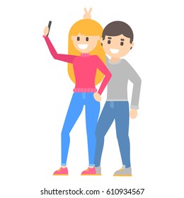Vector flat cartoon happy young blonde girl and funny guy makes a selfie