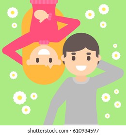 Vector flat cartoon happy young blonde girl and funny guy lie in the meadow
