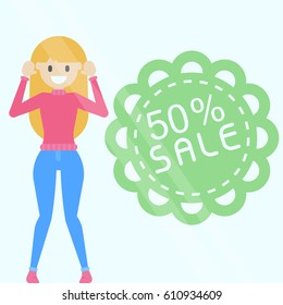 Vector flat cartoon happy young blonde girl near windows with the sale