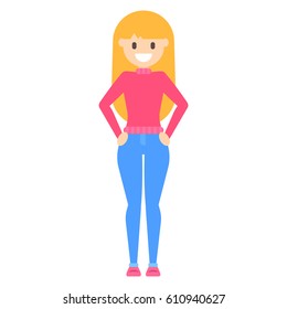 Vector flat cartoon happy young blonde girl is in pose