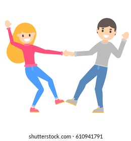 Vector flat cartoon happy young blonde girl and funny guy dance