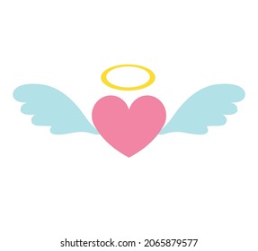 Vector flat cartoon heart with angel wings and nimbus isolated on white background