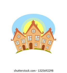Vector flat cartoon houses with sky and sun, vector illustration