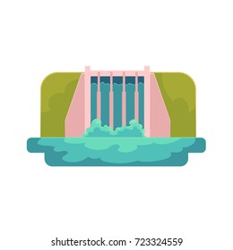 vector flat cartoon hydroelectric dam power station. Water power plant and factory. Green ecological friendly renewable electricity resource. Isolated illustration on a white background.