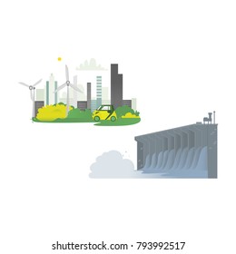 vector flat cartoon hydroelectric dam power station, green city concept set. Water power plant and factory. Green ecological renewable electricity resource. Isolated illustration on a white background