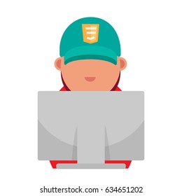 Vector flat cartoon icon of computer geek. Software Engineer, Front-End Developer, Support Team Members, Database Administrators, Graphic Designers, QA Specialists, iOS Developers. Hacker