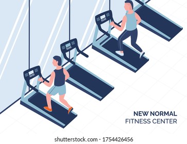 Vector flat cartoon illustration about mens running on treadmill at fitness center with keeping social distancing after pandemic covid-19 or coronavirus, new normal exercise concept.