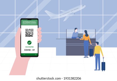 Vector flat cartoon illustration about certificate vaccine passport is QR code on application, hand holding smartphone with vaccine mobile app, new normal travel concept.