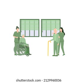 Vector flat cartoon illustration. 
 about Nurse taking care about seniors people in hospital. Doctors help elderly people walk and ride wheelchair.
