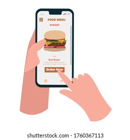 Vector flat cartoon illustration for advertisement, web sites, banners design. Ecommerce concept. Order food online. Hand holding smartphone with burger and button on phone screen.  Delivery service.