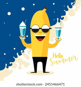 Vector flat cartoon illustration of banana character with summer milkshake.
