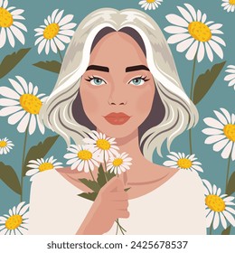 Vector flat cartoon illustration of a beautiful young blonde woman with a bouquet of field daisies close-up.