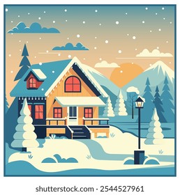 Vector flat cartoon illustration, beautiful winter landscape. Secluded house in the forest, cozy winter season. The perfect picture for a greeting card and more.