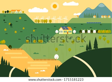 Vector flat cartoon illustration of beautiful village, nature with sky clods and sun, trees and buildings, environmental electricity production