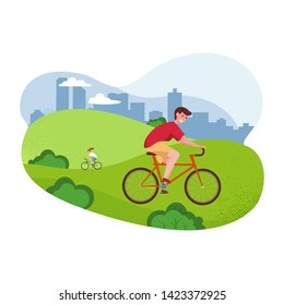 Vector flat cartoon illustration - bicycle riding man. Park, trees and hills on background for Banner, site, poster design. Healthy Lifestyle Template. Active Characters Guys on Bicycle in the Park.