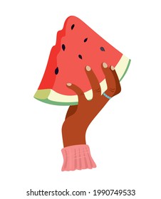 Vector flat cartoon illustration of black hand holding watermelon. Piece of sliced fruit. Red and green sweet food.