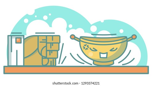 Vector flat cartoon illustration with bowl and the flapping against the table fist